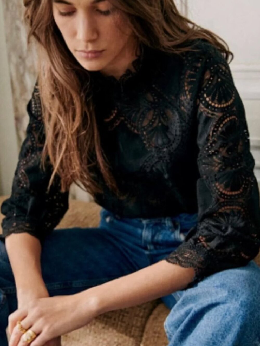 Sézane Bianca Blouse Lace Top Eyelet Mock Neck Cotton Black Size XS FR 34